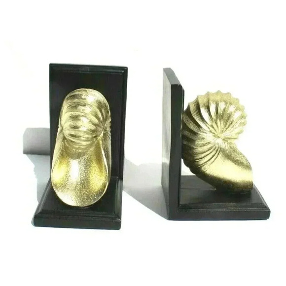 New Black & Gold Ammonite Resin / Wood Ammonite Bookends Room Decor Figurine - Picture 2 of 4